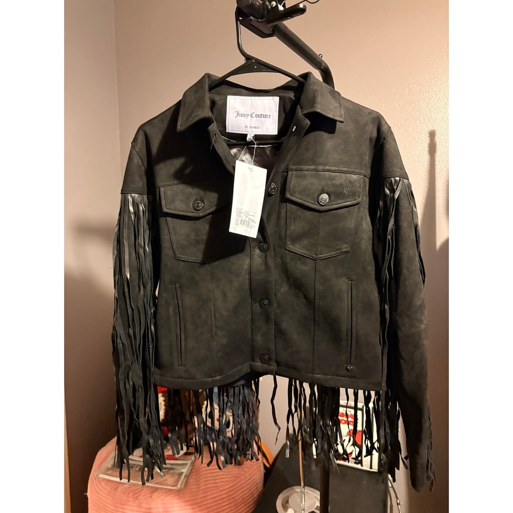 Juicy Couture Black Fringed Trucker Jacket OJC024 Womens Small Faux Suede